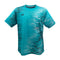 The Yonex YTM7 Men's Padel T-Shirt - Teal combines style and breathability with its vibrant teal color accented by light and dark gray pixelated lines. Made from moisture-wicking polyester, it features a small black logo on the left chest.