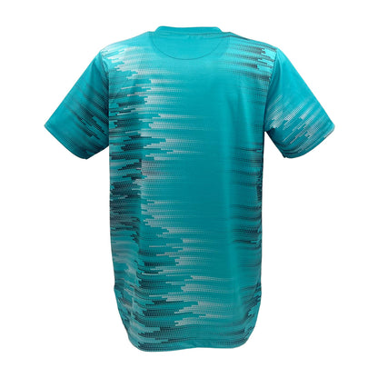 The Yonex YTM7 Men's Padel T-Shirt in teal boasts short sleeves and pixelated black-and-white stripes fading inward. Crafted from breathable, moisture-wicking polyester, this shirt combines comfort and style, all displayed on a clean white backdrop.