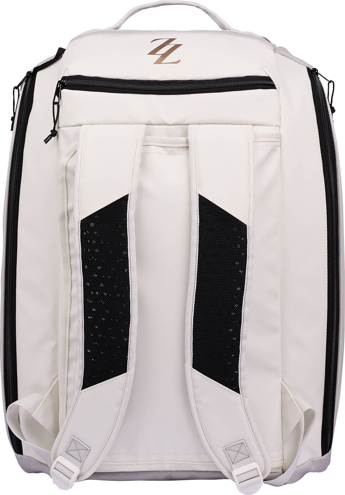 Back view of a white ADIDAS Tour ZZ Zinedine Zidane Padel Racket Bag with black trim and a gold ZZ logo at the top.