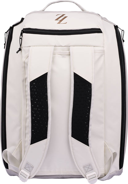Back view of a white ADIDAS Tour ZZ Zinedine Zidane Padel Racket Bag with black trim and a gold ZZ logo at the top.
