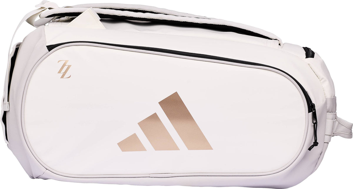 White ADIDAS Tour ZZ Zinedine Zidane Padel Racket Bag featuring a gold logo and a gold “ZZ” emblem.