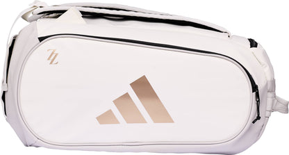 White ADIDAS Tour ZZ Zinedine Zidane Padel Racket Bag featuring a gold logo and a gold “ZZ” emblem.