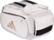 White and light grey ADIDAS Tour ZZ Zinedine Zidane Padel Racket Bag featuring shoulder straps, gold-colored logos on the side, and a mesh pocket.