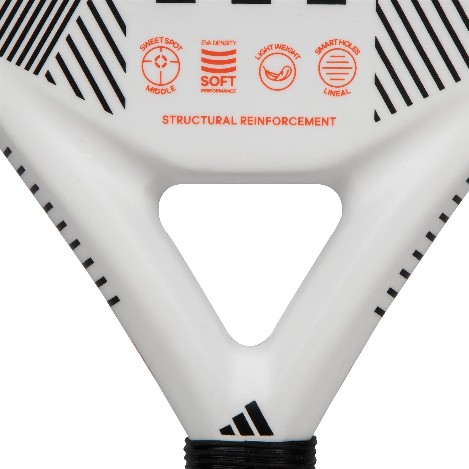 Close-up of the adidas Match Light 3.3 Padel Racket - White, an ideal choice for beginner players. The racket showcases black geometric patterns near the handle and red icons, emphasizing features such as its "Sweet Spot: Middle," "EVA Density: Soft Performance," lightweight design, "Smart Holes: Lineal," and "Structural Reinforcement.