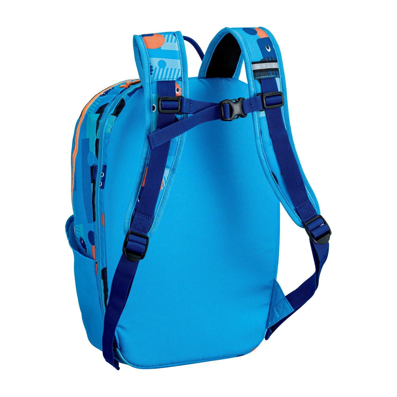 The Yonex 22512 Junior Padel Backpack in Ocean Blue features adjustable straps with vibrant blue and orange patterns. It includes a padded back panel, chest strap, side pockets, and a top handle for functionality, making it an ideal youth sports bag.