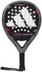 The ADIDAS Adipower Carbon Light 3.4 Padel Racket in silver and pink boasts a sleek design, round head, and prominent logo. Made with Carbon 3K Fibre and featuring a 3D Spin Blade Mold surface with holes, it includes a black handle with a secure strap.