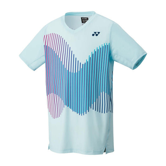 The Yonex 10562 Crew Neck Men's Padel T-Shirt in Crystal Blue incorporates VeryCool technology for UV protection. This sporty design includes a crew neck, short sleeves, and showcases a wave pattern of vertical lines in various shades of blue and purple on the front.