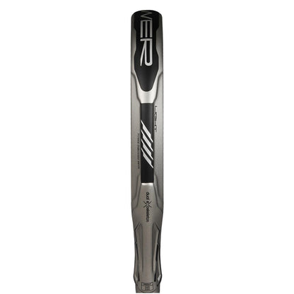 Close-up of a metallic baseball bat featuring a sleek black and silver design, enhanced by Carbon 3K Fibre. The center displays the brand logo and stripes, conveying a modern look reminiscent of the innovation found in the adidas Adipower Carbon Light 3.4 Padel Racket - Silver/Pink.