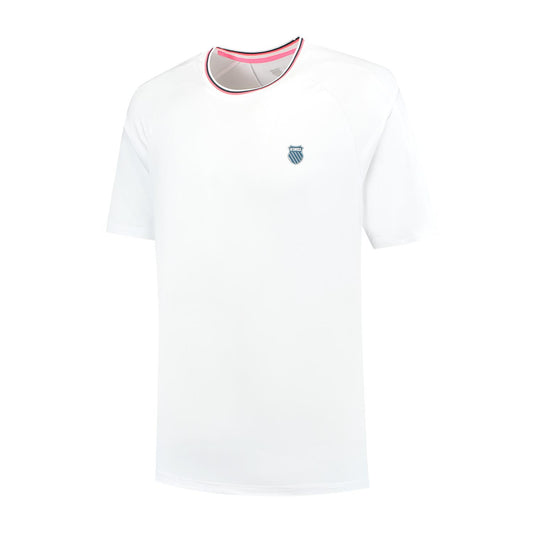 The K-Swiss Hypercourt Mesh Crew 4 Men's Padel T-Shirt in white features a small embroidered logo on the left chest, a neckline with red and black stripes inspired by Hypercourt designs, and short sleeves for a classic look suitable for padel enthusiasts.