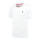 The K-Swiss Hypercourt Mesh Crew 4 Men's Padel T-Shirt in white features a small embroidered logo on the left chest, a neckline with red and black stripes inspired by Hypercourt designs, and short sleeves for a classic look suitable for padel enthusiasts.