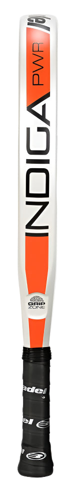 A cricket bat with a white and orange design labeled "NDIGA PMP" and a black grip handle, echoing the sleek style of the Bullpadel Indiga Pwr 2025 Padel Racket - White.