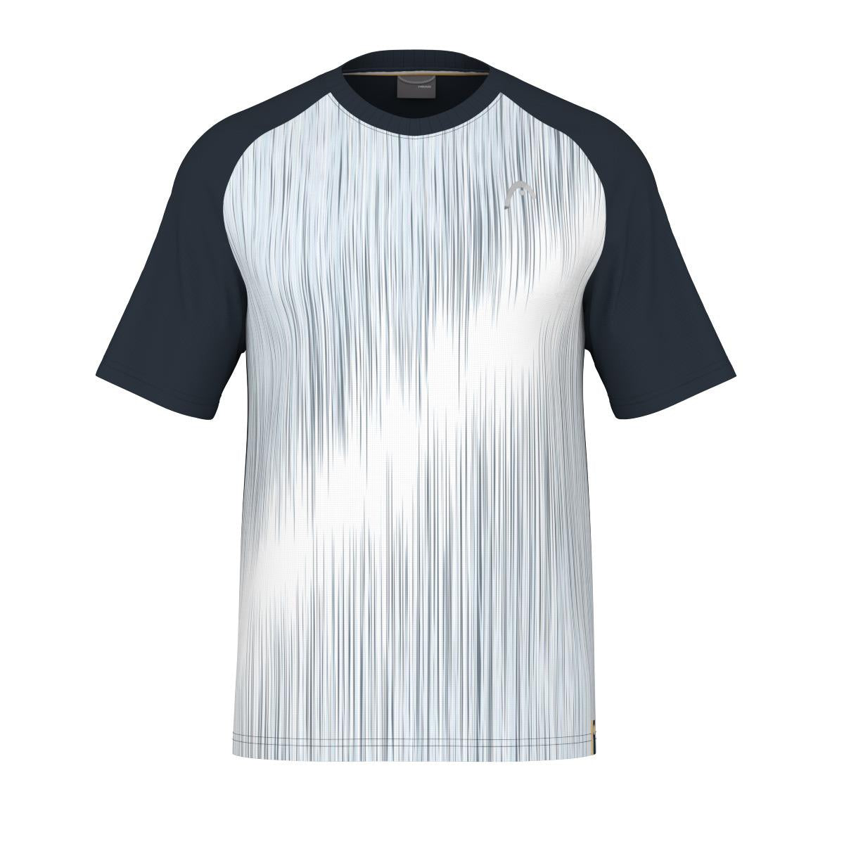 Experience unparalleled comfort with the HEAD Performance Men's Padel T-Shirt - XPNV, featuring a short-sleeve athletic design crafted with moisture-transfer microfibre. This t-shirt boasts a white front embellished with vertical metallic stripes and complemented by black sleeves and collar.