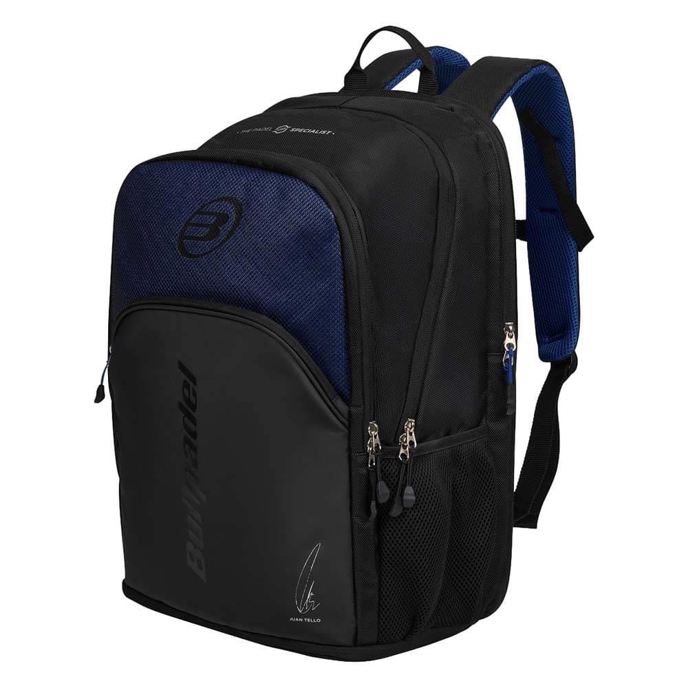 The Bullpadel BPM26008 Vertex Padel Backpack - Geo Blue features multiple zippered compartments, side mesh pockets, padded shoulder straps, the Bullpadel logo, and a Bea González-inspired graphic on the front.