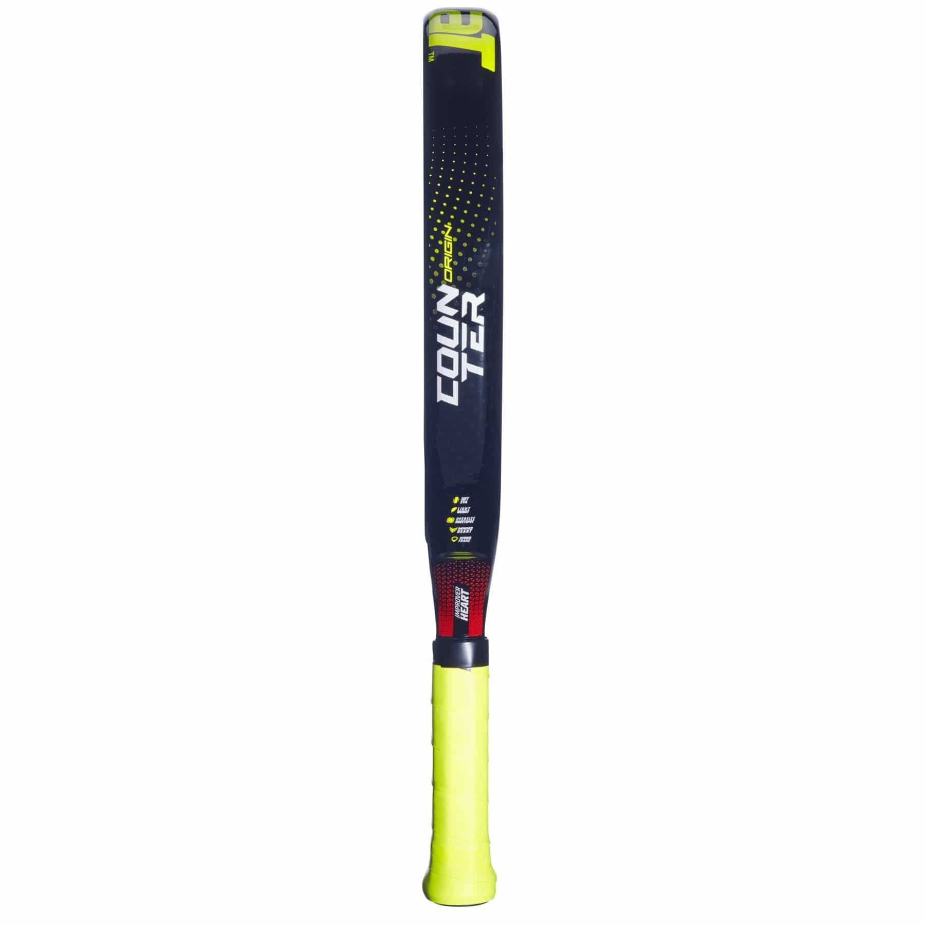 A modern cricket bat inspired by the Babolat Counter Origin Padel Racket—black face with yellow and red accents, "COUNTER" branding, and a bright yellow grip tape on the handle for superior control.