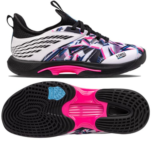 The K-Swiss Speedtrac Padel Shoes in white, black, and neon pink showcase a vibrant design with a patterned print on the upper. The black sole incorporates pink detailing and a grooved texture for improved traction. Enhanced by Ortholite cushioning and AÖSTA 7.0 durability, the shoes are finished with distinctive K-Swiss branding.