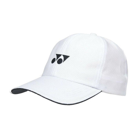 The Yonex W341 Padel Cap - White, designed by Yonex, is made from sweat-wicking material and features a subtle textured pattern. It includes a small black logo on the front along with a sleek black brim edge, making it ideal for staying cool and stylish both on and off the court.