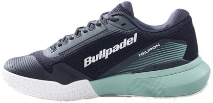 The Bullpadel Neuron 26V Mens Padel Shoes - Navy feature dark blue and gray colors, "Bullpadel" and "Neuron" on the side, a textured white sole, and a light green cushioned heel for advanced comfort and performance.