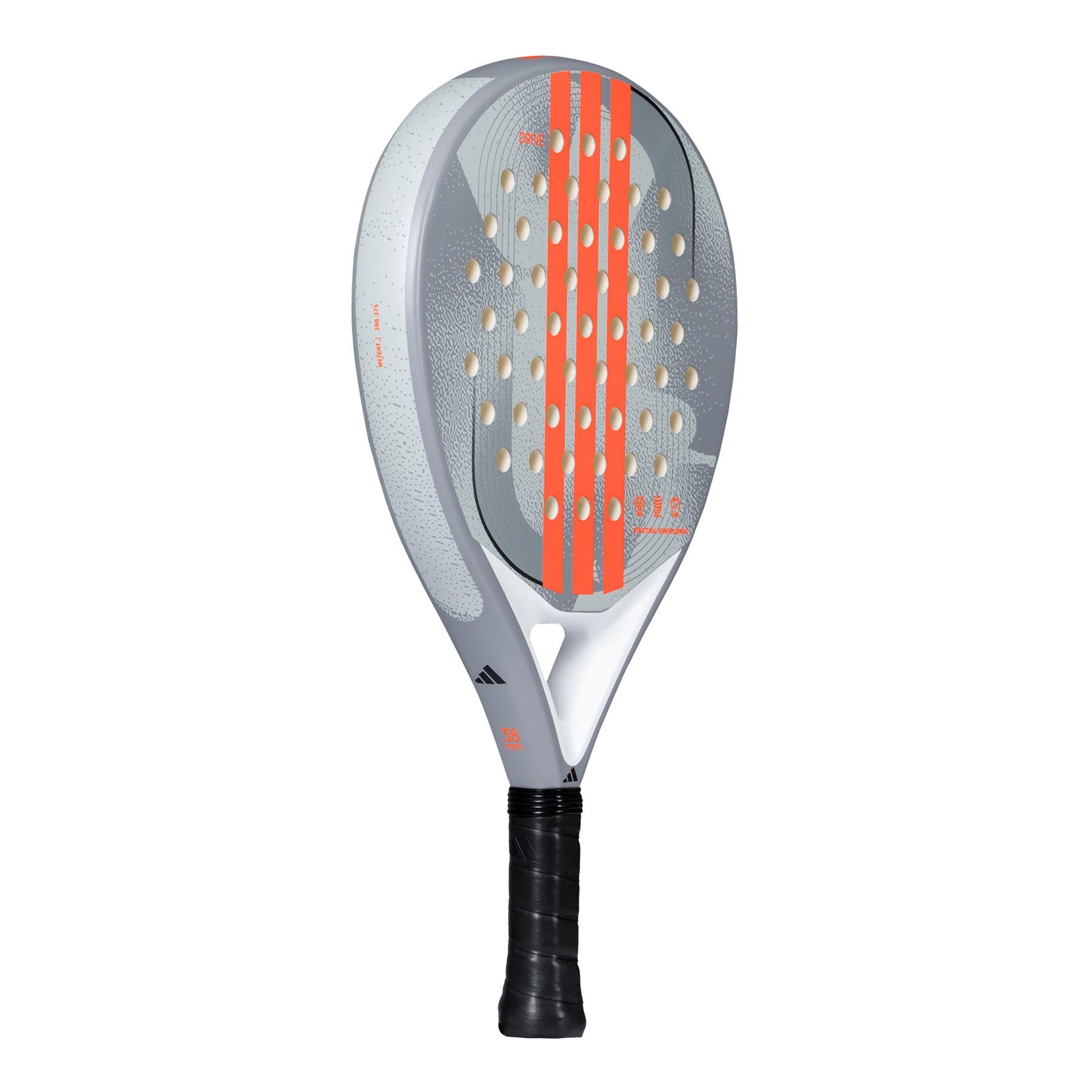 The ADIDAS Drive Grey 3.4 Padel Racket is perfect for beginners, featuring a gray and orange teardrop design with a black grip. It has several holes, three vertical orange stripes for comfort, and the adidas logo near the handle.