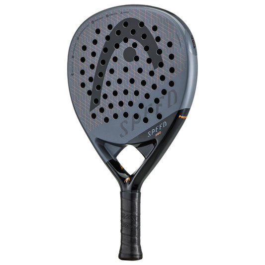 Introducing the HEAD Speed Pro 2023 Padel Racket - Black, crafted for advanced level players. This sleek black racket, featuring innovative Auxetic technology and a perforated face, enhances aerodynamics. Adorned with a prominent logo and "Speed" branding, its handle is wrapped in black grip tape for optimal performance.