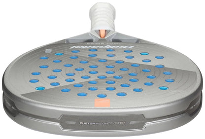 A close-up of the Bullpadel Hack 04 Hybrid Cloud 2026 Padel Racket shows its silver hybrid shape, blue holes, white handle wrap, and "CUSTOM WEIGHT SYSTEM" text near the frame.