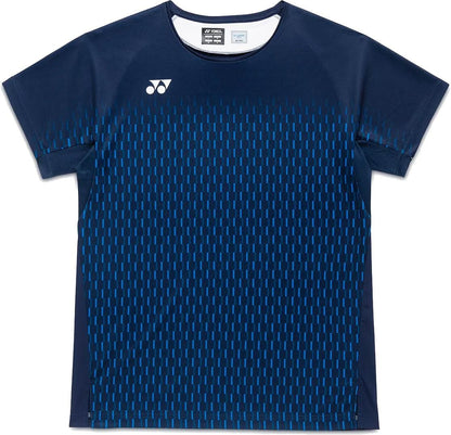 The Yonex 10713EX Crew Neck Men's Padel T-Shirt in Dark Navy features short sleeves, a front blue geometric pattern, and a small white logo—ideal for men needing a performance shirt for intense padel matches.