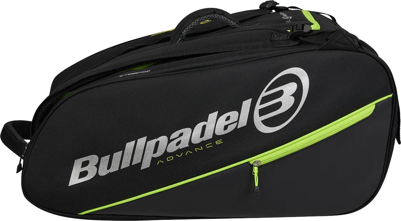 The Bullpadel BPP26014 Advance 2026 Padel Racket Bag in black/green features a large white logo, neon green details, handles, a zippered side pocket, and thermal compartments to protect your rackets.