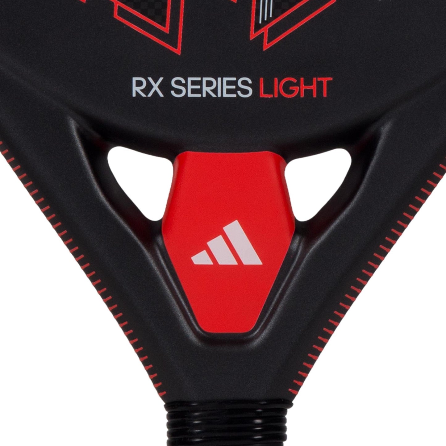 A close-up of the paddle reveals the intricate details of the ADIDAS RX Series Light Padel Racket in black, highlighting its sleek design and durable fiberglass construction, making it an ideal choice for both beginners and seasoned padel players.