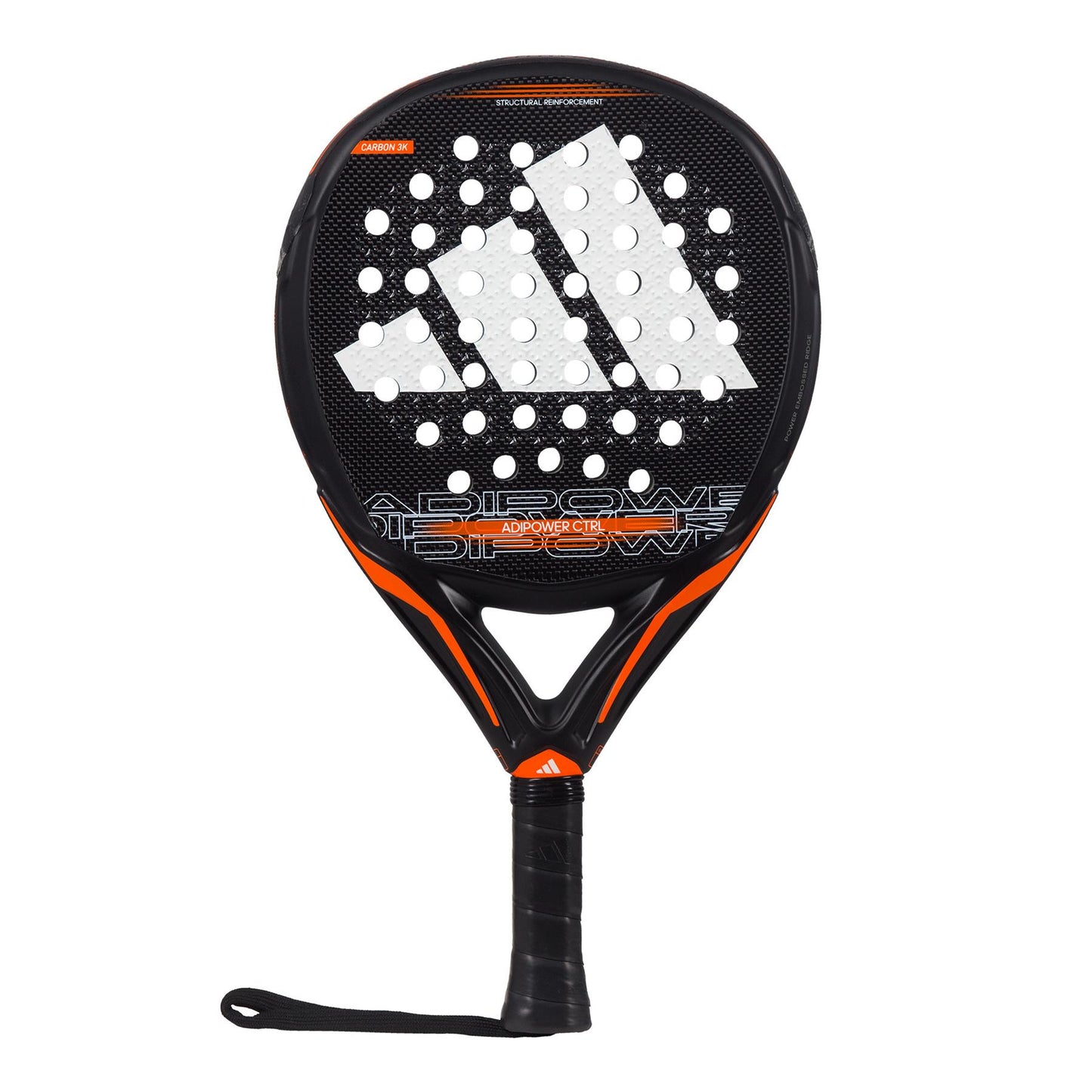 The ADIDAS Adipower CTRL 3.3 Padel Racket - Black / Orange boasts a chic black and orange design, highlighted by a textured, perforated surface. Made from durable Carbon Fiber 3K, it prominently features the adidas logo in white on its face.