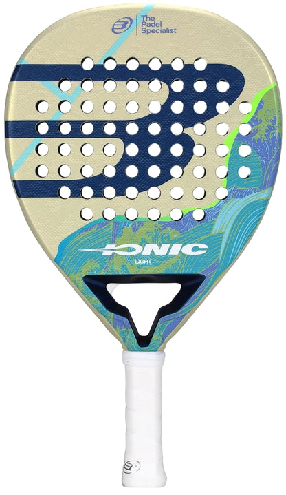 The Bullpadel Ionic Light 2026 Padel Racket features a beige design with blue and green wave accents, a navy "B" logo, multiple round holes, and a white grip. "The Padel Specialist" and "Light" are printed on the lightweight racket’s face.