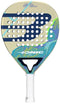 The Bullpadel Ionic Light 2026 Padel Racket features a beige design with blue and green wave accents, a navy "B" logo, multiple round holes, and a white grip. "The Padel Specialist" and "Light" are printed on the lightweight racket’s face.