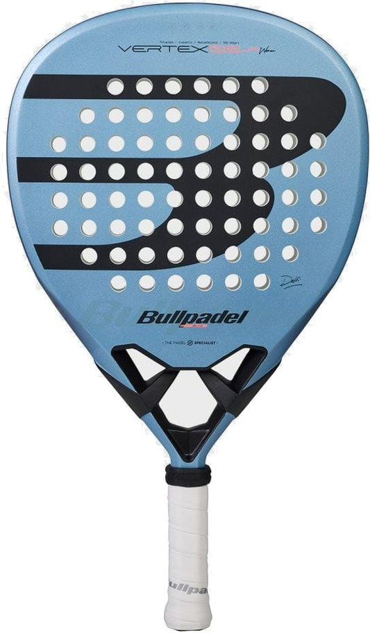 The Bullpadel Vertex Junior Girls 2026 Padel Racket features a light blue design, black and white logo, round surface holes, and a white grip handle. The model "Vertex 03W" appears at the top.