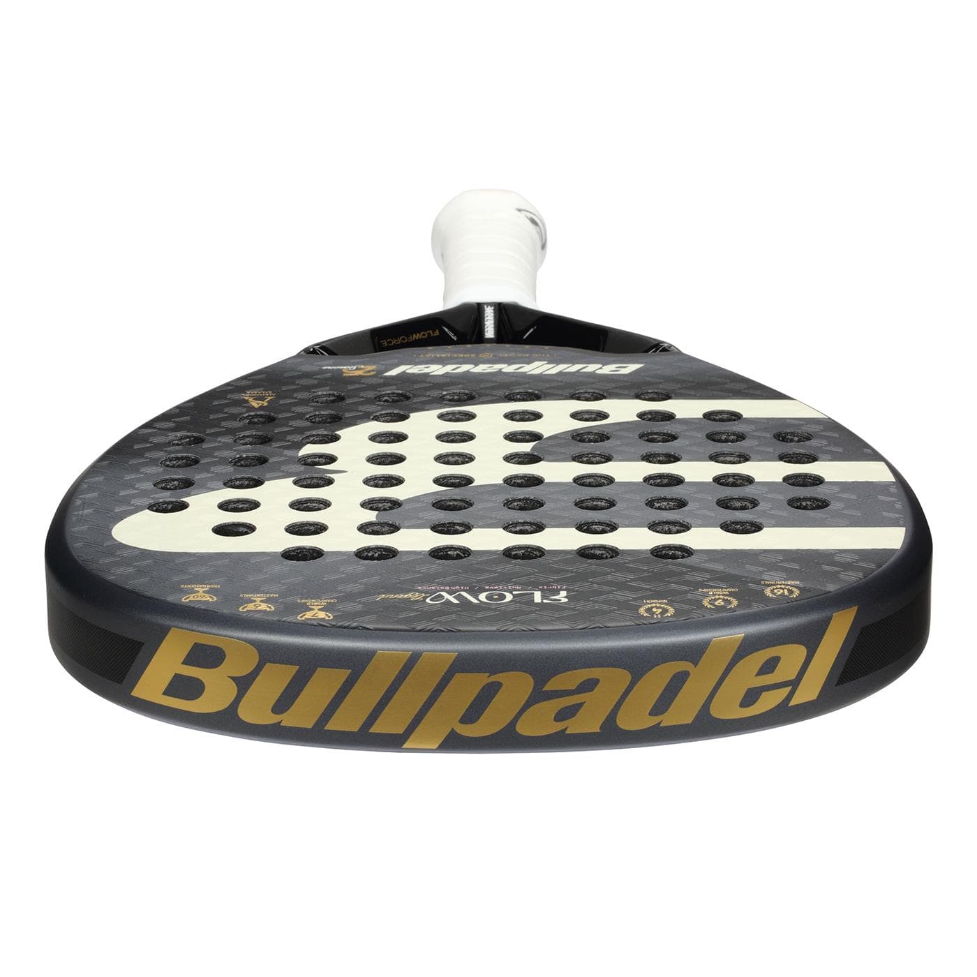 A close-up of the Bullpadel Flow Legend 2026 Padel Racket in black, featuring a gold-accented perforated surface and white handle, inspired by Alejandra Salazar.