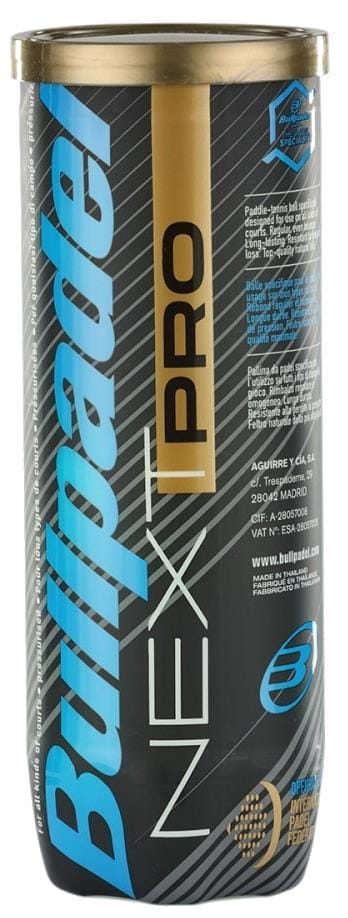 The Bullpadel NEXT Pro Padel Balls - 3 Ball Tube features a durable black cylindrical canister with blue, gold, and white graphics, a gold lid, and the Bullpadel name vertically displayed for a premium competition look.