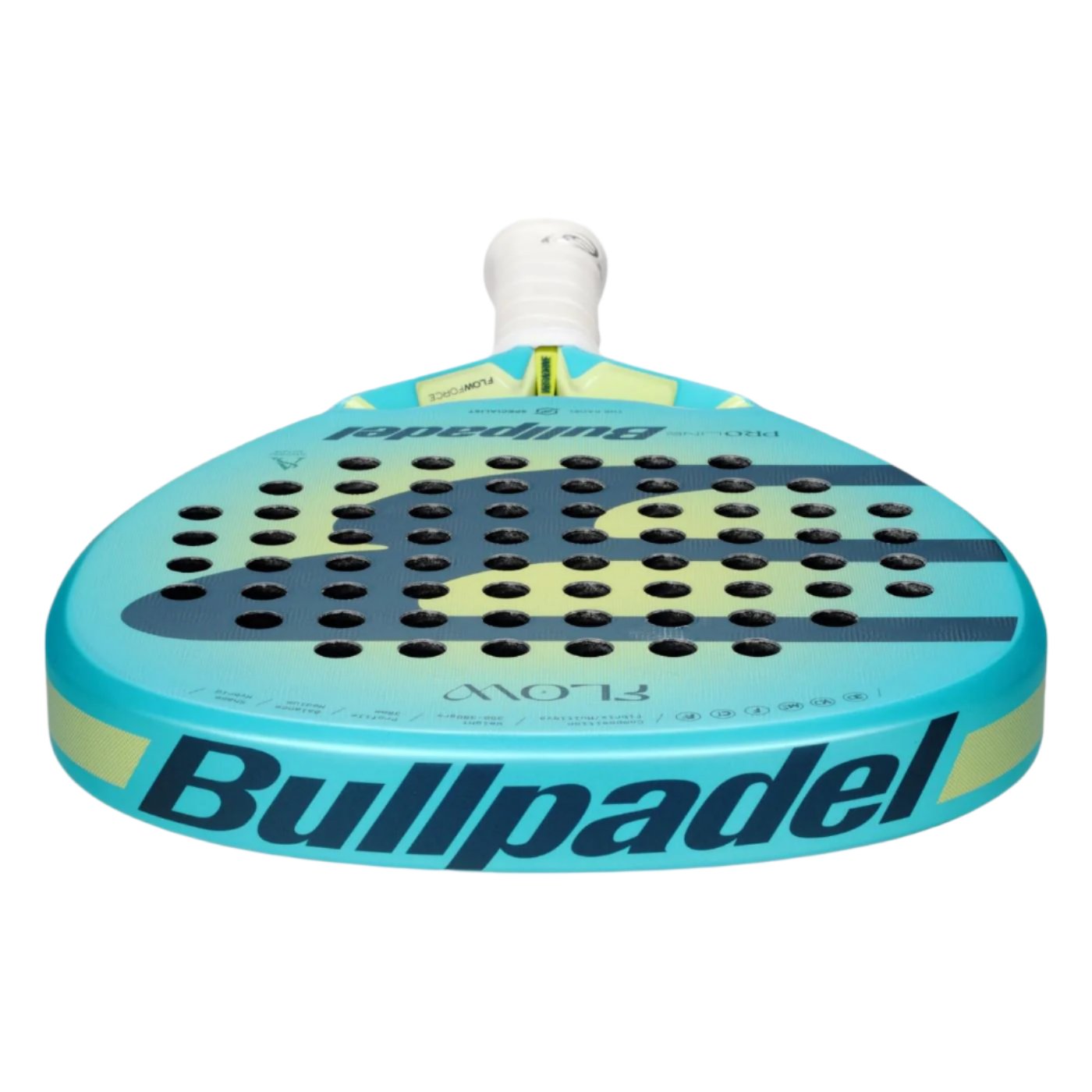 Introducing the Bullpadel Flow W 2025 padel racket, featuring a striking blue and yellow design. The racket's surface includes multiple holes for improved aerodynamics, while prominently displaying the Bullpadel brand name. Equipped with a white grip handle, this racket provides optimal control and exceptional Flowforce for your game.