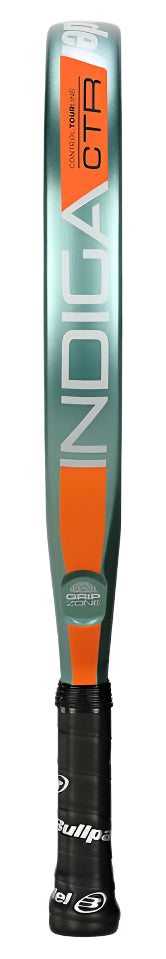 A padel racket with a grey and orange design, ideal for amateur players. It features the brand "Bullpadel" printed vertically and has a black grip with "Bullpen" at the handle.