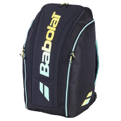 The Babolat RH Perf Padel 2nd Gen Backpack in black/multi offers high performance storage with multiple zippered compartments, ideal for carrying padel or tennis gear, and features the signature Babolat logo.