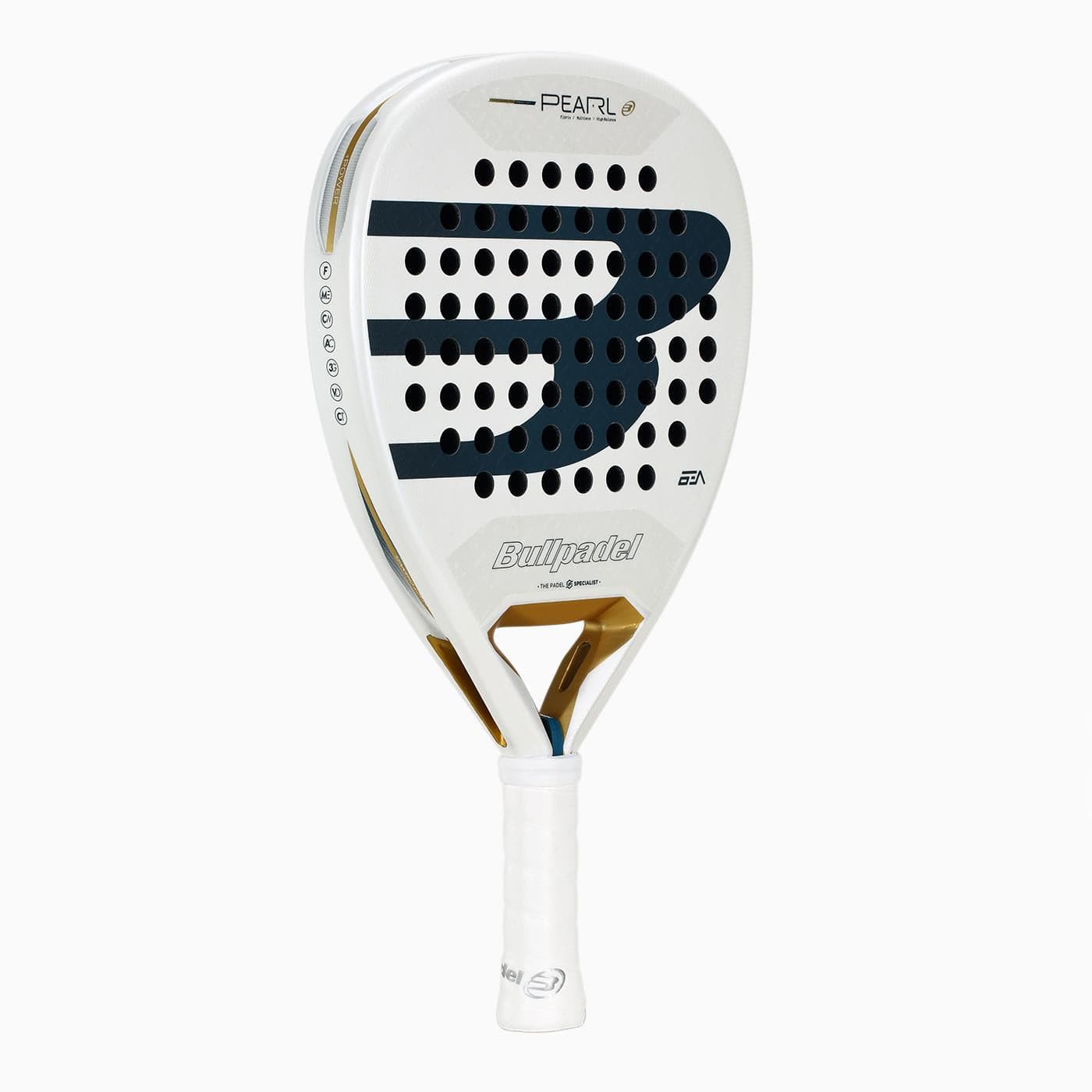 The Bullpadel Pearl 2026 Padel Racket - White by Bullpadel is lightweight, features black and gold accents, a large "B" logo, perforated surface for injury prevention, and a comfortable white grip handle.