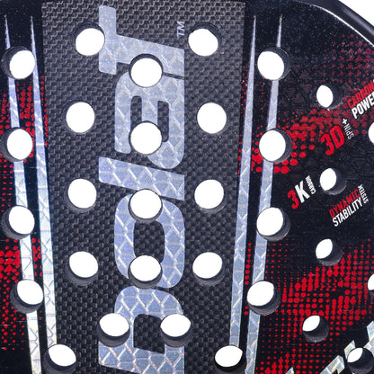 Close-up of the Babolat Technical Viper 3.0 padel racket in black and red, featuring a carbon power layer, circular perforations, and bold silver "babolat" branding, with various technical specs printed on its surface.