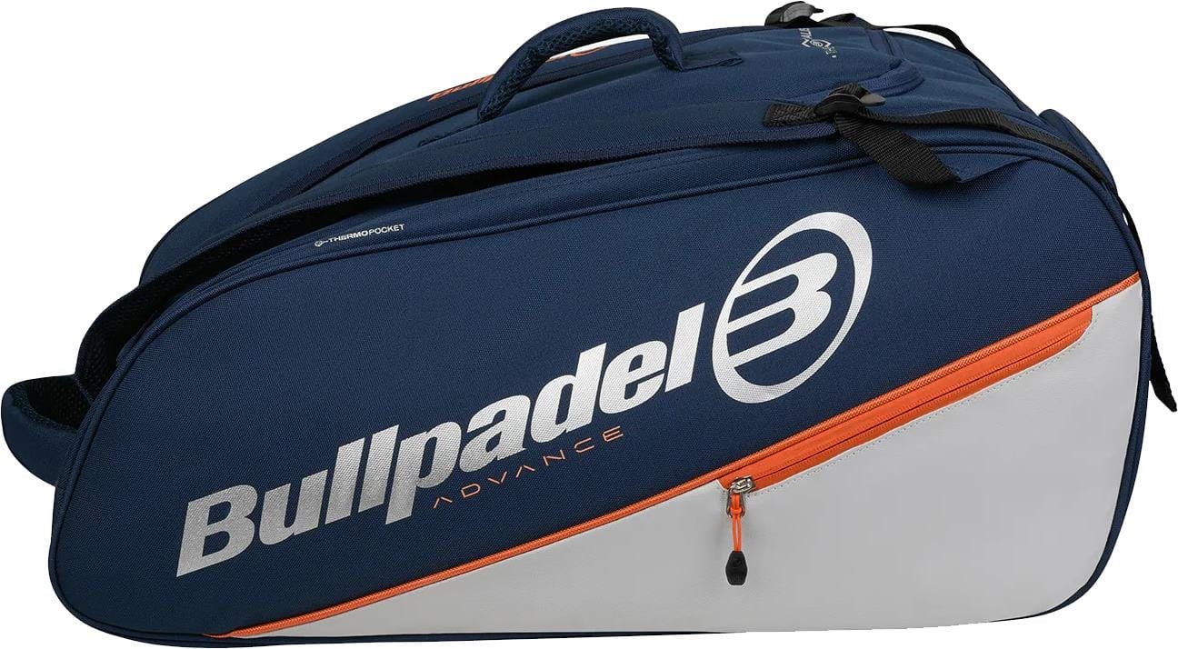 The Bullpadel BPP26014 Advance 2026 Padel Racket Bag in navy features thermal racket compartments, zippered pockets, and carrying handles—ideal for padel or other racket sports.