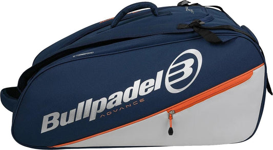 The Bullpadel BPP26014 Advance 2026 Padel Racket Bag in navy features thermal racket compartments, zippered pockets, and carrying handles—ideal for padel or other racket sports.