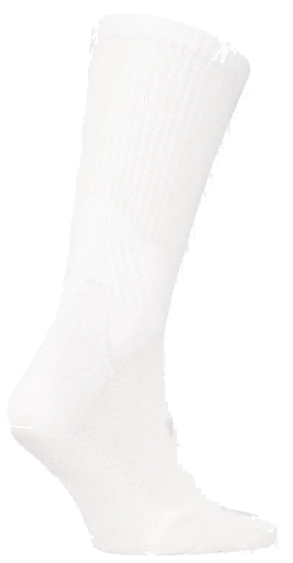 The HEAD Crew Padel Socks - White is a single plain white sock with a ribbed top, shown from the side on a white background. It features reinforced toe and heel areas for added zonal cushioning.