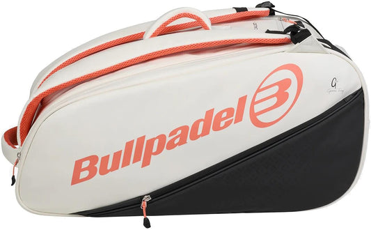 The Bullpadel BPP26019 Elite 2026 Padel Racket Bag in white features orange accents, two top handles, a large side logo, thermal racket compartments, and a black zip pocket at the lower right corner.
