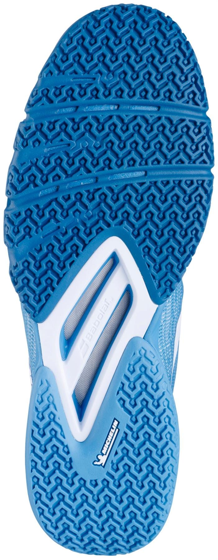 The image shows the blue and white sole of the Babolat Jet Viva Mens Padel Shoes in Blue Moon/Seaport, featuring a textured herringbone pattern, grooves for traction, branding, and cut-outs for lightweight performance.