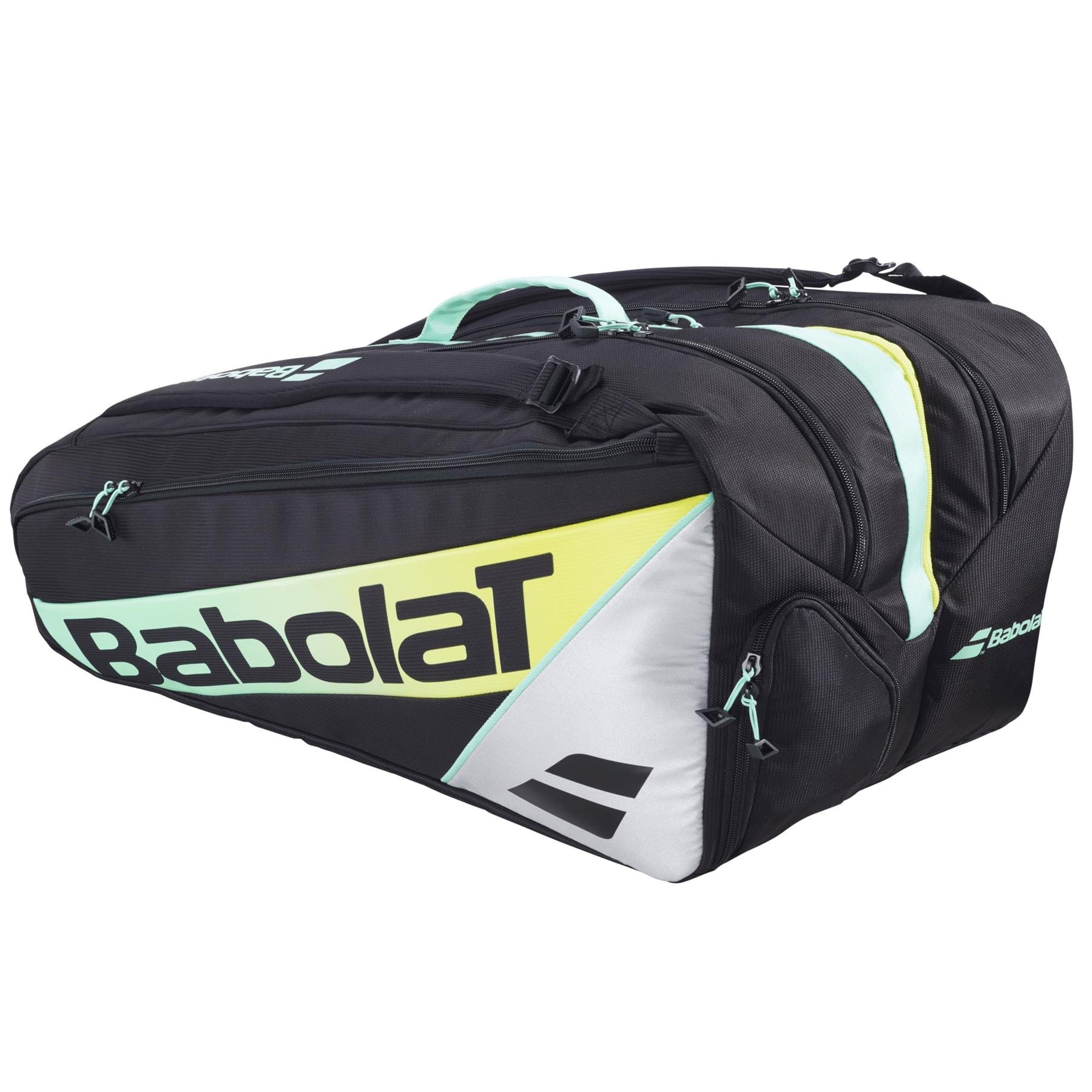 The Babolat RH Pro 4 Racket Padel Bag - Black / Multi features multiple zippered compartments, dual handles, large gear capacity, and a prominently displayed Babolat logo on the side.