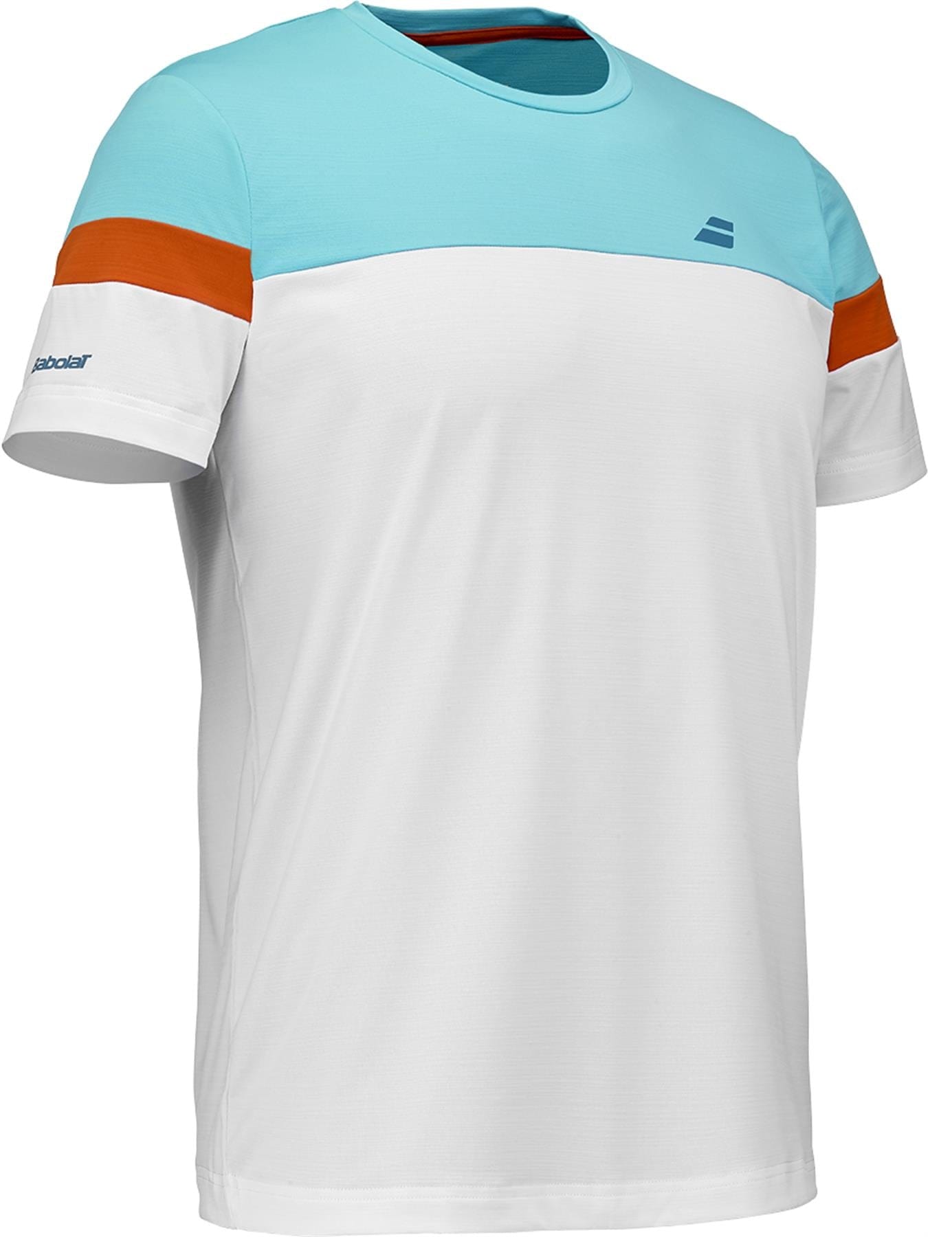 The Babolat Crew Neck Men's Padel T-Shirt in white features a light blue top section, thin orange sleeve stripes, and small Babolat logos on the left chest and sleeve.