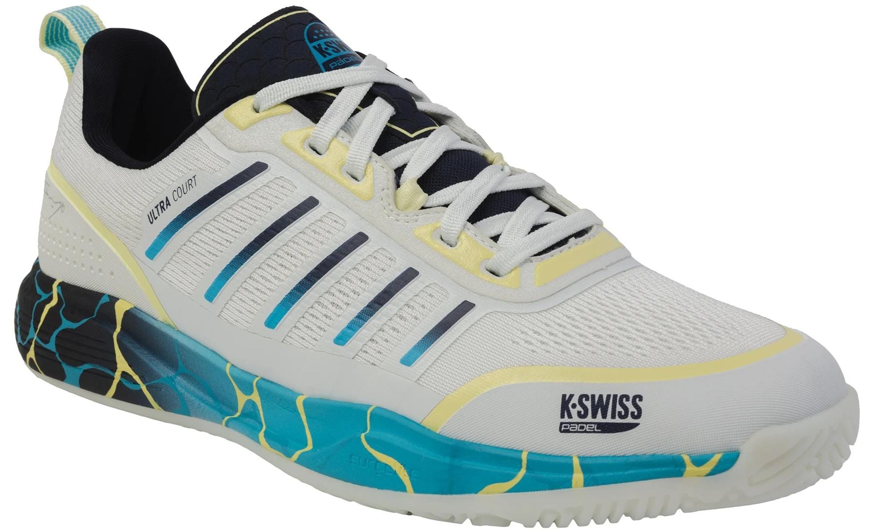 The K-Swiss Ultra Court Men's Padel Shoes in Bit Of Blue/Sanyo Navy/Sanyo Blue feature a mesh upper, signature side stripes, cushioned midsole for support, and a patterned sole with blue and yellow accents.