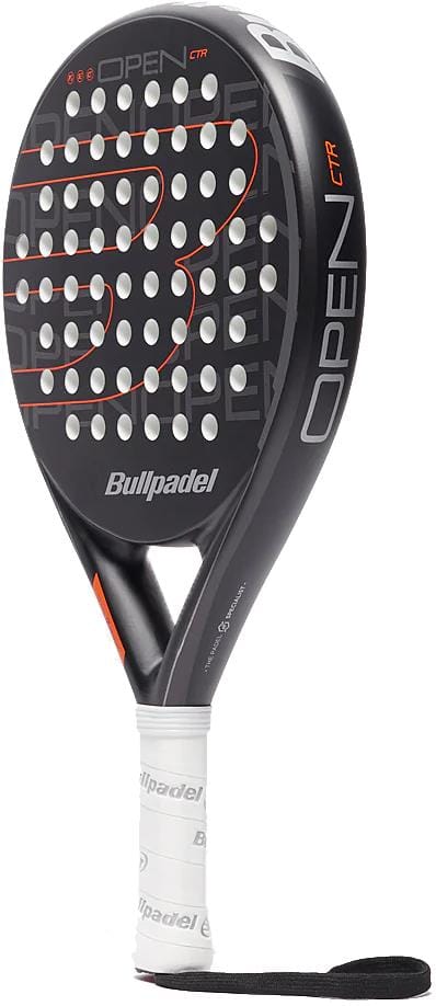 The Bullpadel Open Control 2025 Padel Racket features a white grip, orange and white accents, perforated round face with "OPEN" on the side, and comes with a wrist strap—ideal for beginners.