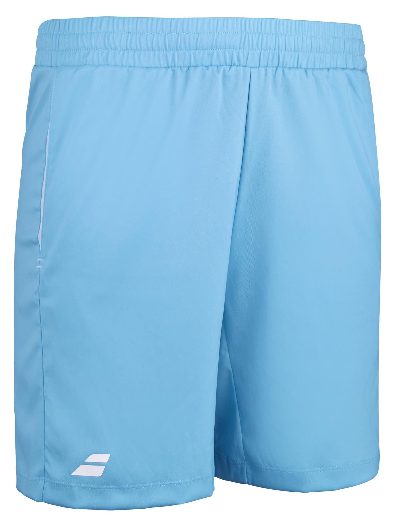 These cyan blue athletic shorts from Babolat, made of recycled polyester fabric, include an elastic waistband and a subtle white logo on the lower left side. Perfect for movement, they capture the essence of 360 Motion flexibility found in Babolat Play Men's Padel Shorts.