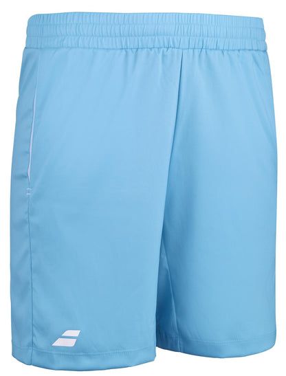 These cyan blue athletic shorts from Babolat, made of recycled polyester fabric, include an elastic waistband and a subtle white logo on the lower left side. Perfect for movement, they capture the essence of 360 Motion flexibility found in Babolat Play Men's Padel Shorts.