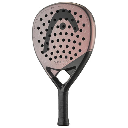 The HEAD Speed Motion 2025 Padel Racket in Copper/Black features a circular hole pattern, a prominent logo, and Power Foam for improved play. The modern design includes a black grip handle and the word "Speed" near the neck, endorsed by Ari Sánchez.